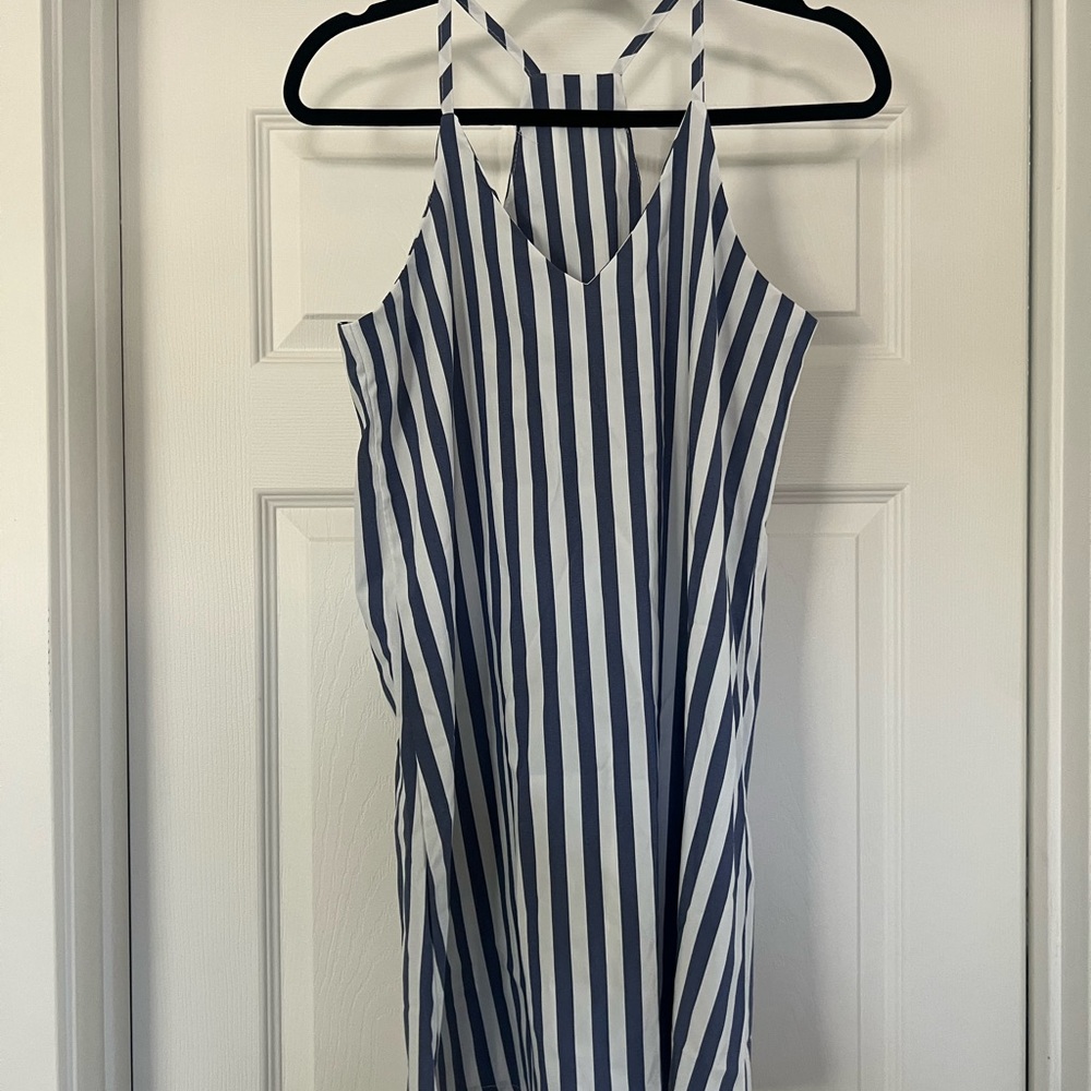 blue and white stripped dress. used as a swim suit cover up